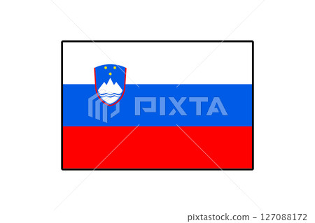 The flag of Slovenia features three horizontal stripes in white, blue, and red, with the national coat of arms positioned in the upper left corner. It symbolizes the country's identity and heritage. 127088172