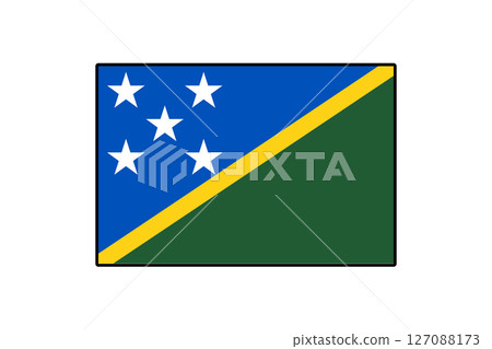 The flag of the Solomon Islands features a blue field with yellow and green triangles. It includes five white stars symbolizing the islands' unity and diversity. 127088173