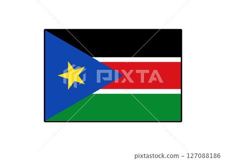 The vector depiction features the flag of South Sudan, showcasing its distinctive blue triangle, black, red, and green stripes, and a yellow star, symbolizing the nation's identity and heritage. The vector depiction features the flag of South Sudan, showcasing its distinctive blue triangle, black, red, and green stripes, and a yellow star, symbolizing the nation's identity and heritage. 127088186
