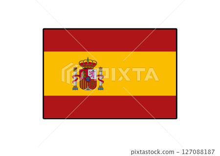 A graphic representation of the national flag of Spain features horizontal stripes of red and yellow with the country's coat of arms in the center. The design emphasizes national pride and identity. A graphic representation of the national flag of Spain features horizontal stripes of red and yellow with the country's coat of arms in the center. The design emphasizes national pride and identity. 127088187