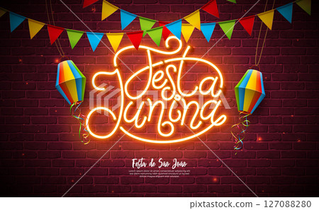 Festa Junina Illustration with Party Flags and Paper Lantern and Glowing Neon Light Letter on Vintage Brick Wall Background. Vector Brazil June Sao Joao Festival Design with Typography for Banner Festa Junina Illustration with Party Flags and Paper Lantern and Glowing Neon Light Letter on Vintage Brick Wall Background. Vector Brazil June Sao Joao Festival Design with Typography for Banner 127088280