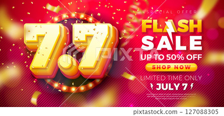 7 July Shopping Day Flash Sale Design with 3d 7.7 Multilayer Number, Light Bulb Billboard and Stage Podium on Red Background. Vector Summer Special Offer 50 Percent Off Campaign Discount Illustration 127088305