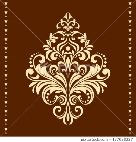 Damask graphic ornament. Floral design element. Golden and brown vector pattern Damask graphic ornament. Floral design element. Golden and brown vector pattern 127088327