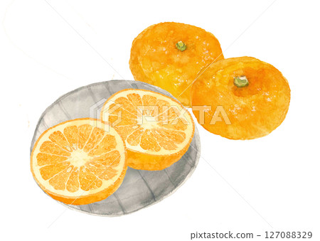 水彩畫的甜橙，一半放在盤子裡[手繪]白色背景可供裁剪可用複製空間 127088329