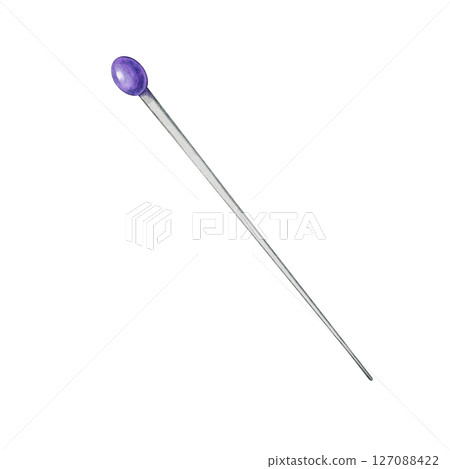 Sewing pin with an oval purple bead head. Watercolor illustration is a craft tool. It is ideal for textile design, DIY projects, visual effects for sewing clothes and creative handmade content. Sewing pin with an oval purple bead head. Watercolor illustration is a craft tool. It is ideal for textile design, DIY projects, visual effects for sewing clothes and creative handmade content. 127088422