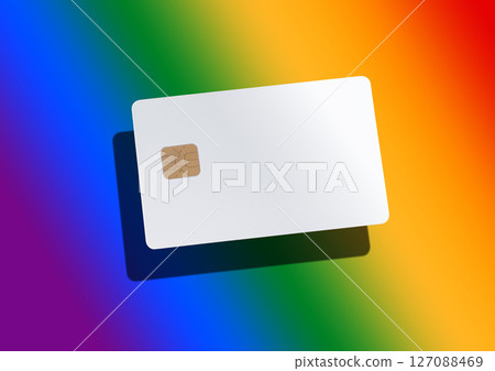 Bank card mockup featuring a colorful rainbow design. Credit or debit card with a chip, ideal for Bank card mockup featuring a colorful rainbow design. Credit or debit card with a chip, ideal for 127088469