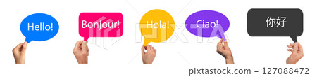 Hand holding a speech bubble with different languages. Hello word in English, French, Spanish, Hand holding a speech bubble with different languages. Hello word in English, French, Spanish, 127088472