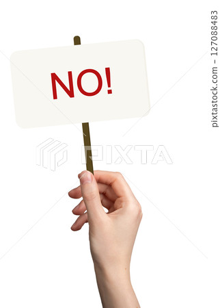 female protester holding empty placard, sign with no message, during rally. Symbol of revolution, 127088483