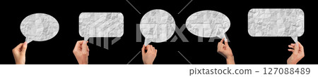 Hand holding a crumpled paper speech bubble, representing a conversation or chat. Concept of 127088489