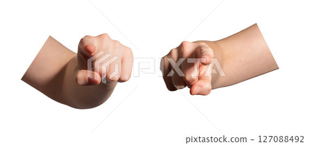 Finger pointing sign. Female hand with index finger and forefinger showing forward gesture for Finger pointing sign. Female hand with index finger and forefinger showing forward gesture for 127088492