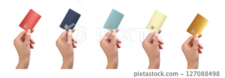 Bank payment set. Hand holding plastic bankcard with chip for credit, debit, loan, cashback, online 127088498