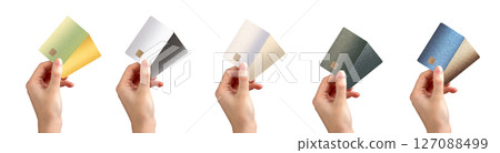 Bankcard collection. Hand holding two plastic bankcards with chip for credit, debit, cashback, 127088499
