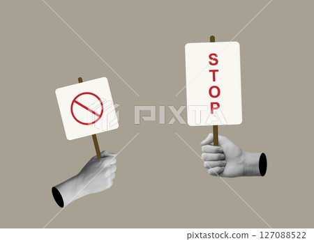 Activist holding red protest sign, symbolizing rebellion and resistance. Demonstration for democracy 127088522