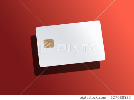 Bank card mockup in levitation, showcasing a credit or debit card with a red background and chip. 127088523
