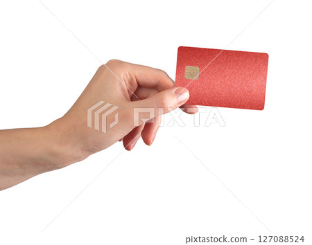 Shopping payment concept. Hand holding plastic bankcard with chip in closeup view for credit, debit, 127088524