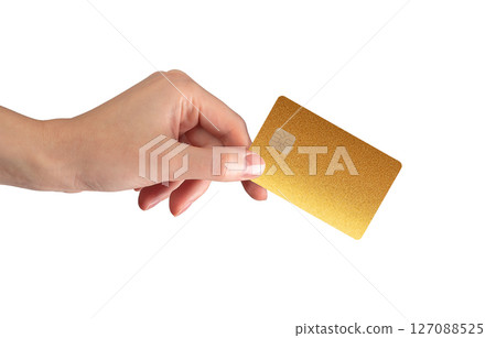 Commerce card concept. Hand holding plastic bankcard with chip for credit, debit, loan, cashback, 127088525