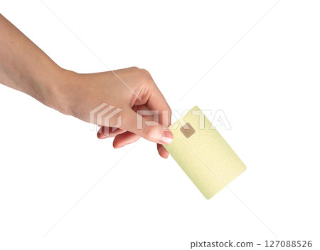Credit card concept. Hand holding plastic bankcard with chip for loan, debit, cashback, online Credit card concept. Hand holding plastic bankcard with chip for loan, debit, cashback, online 127088526