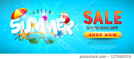 Summer Sale Design with Flower and Tropical Palm Leaves on Yellow Background. Exotic Floral Vector Illustration with Special Offer Typography for Coupon, Voucher, Banner, Flyer, Promotional Poster 127088559