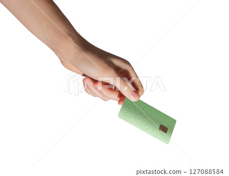Cashless payment concept. Hand holding modern plastic card with chip for credit, debit, loan, 127088584