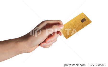 Debt and credit payment. Hand holding plastic bankcard with chip for loan, cashback, online shopping 127088585