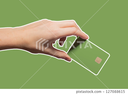 Colorful business concept. Hand holding bright plastic bankcard with chip in closeup for credit, 127088615