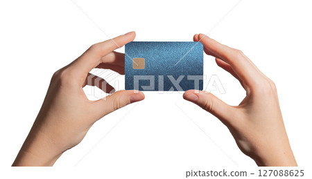 Financial card concept. Hand holding smart plastic bankcard with chip in closeup for credit, debit, 127088625