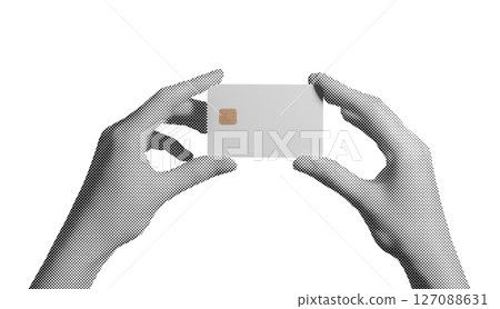 Retro finance style. Hand holding gray halftone plastic bankcard with dotted design and chip in 127088631