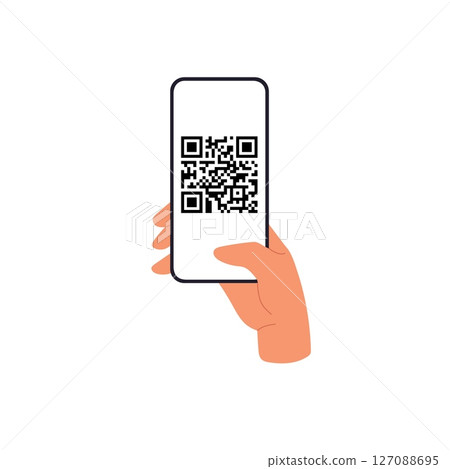 Smartphone scanning QR code with hand, symbolizing digital payment and cashless transactions. Smart 127088695