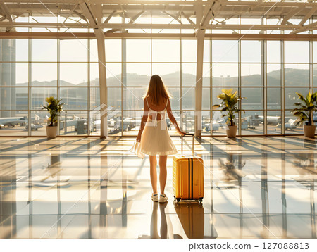 Female traveler passenger walking with a yellow suitcase at the Airport Terminal, travel, vacation. AI Generated. 127088813