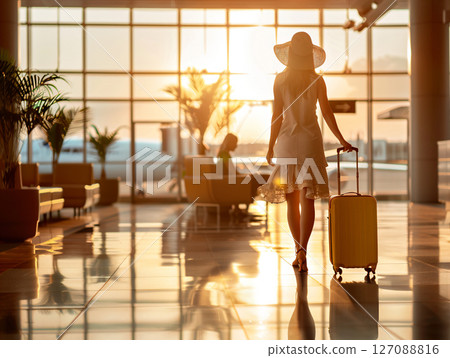 Female traveler passenger walking with a yellow suitcase at the Airport Terminal, travel, vacation. AI Generated. 127088816
