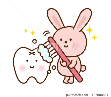 一隻可愛的兔子刷牙的插圖 127088861