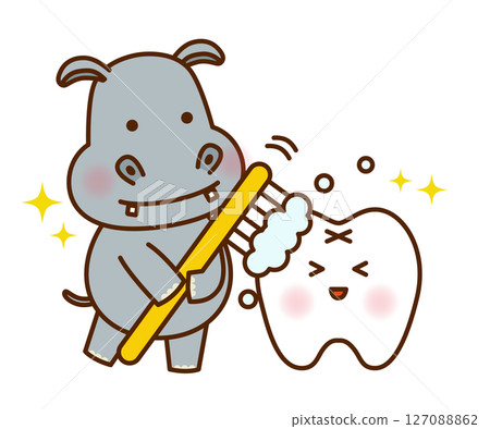 Illustration of a cute hippopotamus brushing his teeth Illustration of a cute hippopotamus brushing his teeth 127088862