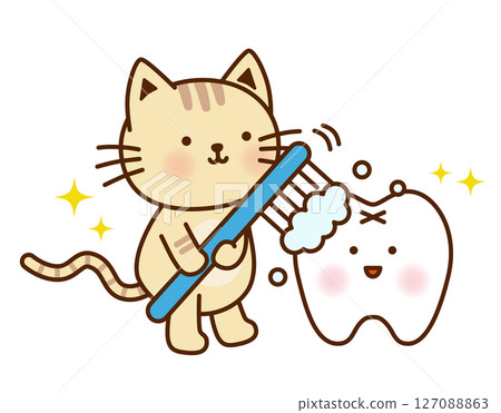 Illustration of a cute cat brushing its teeth 127088863