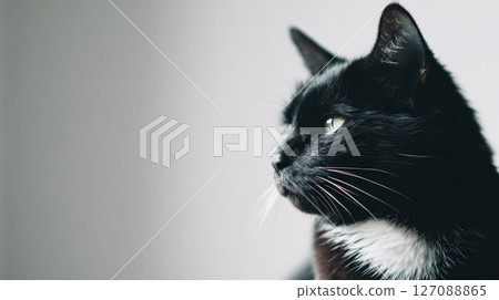Black cat with white chest on light background, looking to the side 127088865