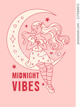 A flirty coquette print with a fairy girl, a crescent moon and stars, evoking a sense of magic and wonder. Fantasy poster combines witchcraft midnight aesthetic and dreamy, pink color palette A flirty coquette print with a fairy girl, a crescent moon and stars, evoking a sense of magic and wonder. Fantasy poster combines witchcraft midnight aesthetic and dreamy, pink color palette 127088872