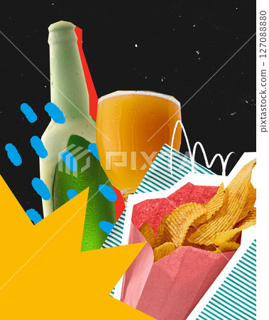 Modern artwork. Green bottle, golden beer and crunchy chips against dark background with graphic yellow starburst. Magazine style. Modern artwork. Green bottle, golden beer and crunchy chips against dark background with graphic yellow starburst. Magazine style. 127088880