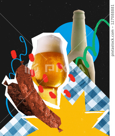 Modern artwork. Beer glass with foam, sausage and bottle on blue checkered cloth with festive shapes and patterns. Paper cut style. Modern artwork. Beer glass with foam, sausage and bottle on blue checkered cloth with festive shapes and patterns. Paper cut style. 127088881