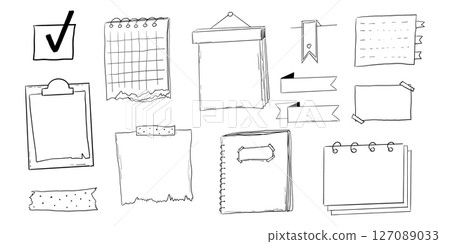Memo page bullet jourlal note sketch, hand drawn doodle stickers office list box or frame. Comic planner reminder, set stationery design elements. Memo page bullet jourlal note sketch, hand drawn doodle stickers office list box or frame. Comic planner reminder, set stationery design elements. 127089033