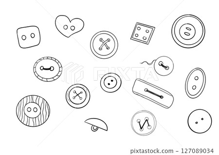 Button sewing item set hand drawn line doodle sketch. Plastic vintage cloth button collection. Various sewing tailor accessories. Button sewing item set hand drawn line doodle sketch. Plastic vintage cloth button collection. Various sewing tailor accessories. 127089034