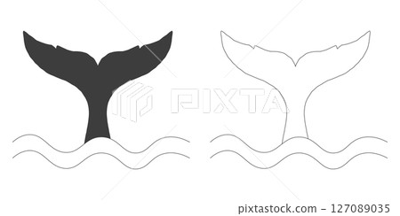 Whale Tale Icon ocean animal, mammal tail line sketch. Vintage simple silhouette with waves. Minimalistic simple tattoo drawing.  127089035