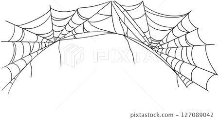 Spiderweb corner line border, gothic scary hanging net frame. Simple spooky halloween decoration. Cobweb spider trap. 127089042