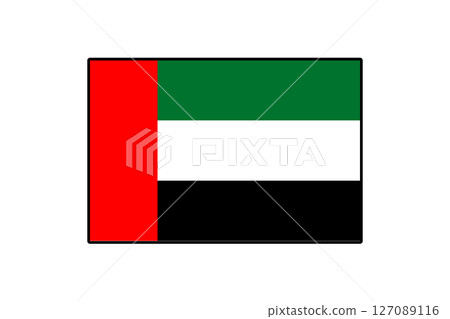 The flag of the United Arab Emirates features horizontal stripes of black, white, and green with a vertical red stripe. It symbolizes unity and heritage, representing the country's identity. 127089116