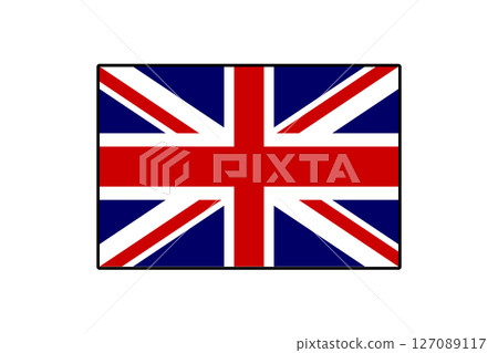 The design showcases a vector flag of the United Kingdom, illustrating bold colors of red, blue, and white in a distinctive pattern. This flag symbolizes British heritage and identity. 127089117