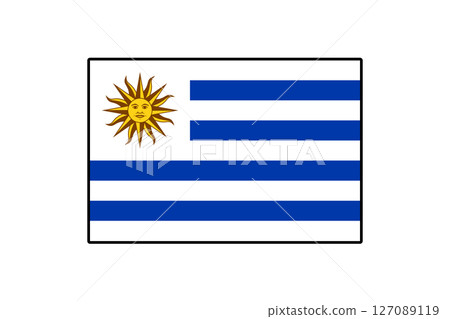 Featuring blue and white stripes with the sun emblem, this illustration represents the national flag of Uruguay, symbolizing the country's identity and pride. 127089119