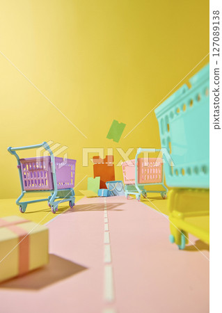 Cute and colorful paper-style delivery truck and package elements, symbolizing fast shipping and logistics in a cheerful composition. 127089138