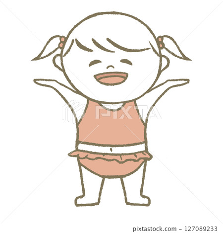 Child in swimsuit, smiling, pink 127089233