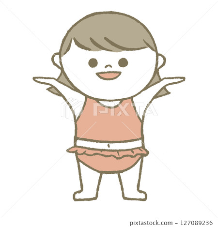 Child in swimsuit, smiling, pink 127089236