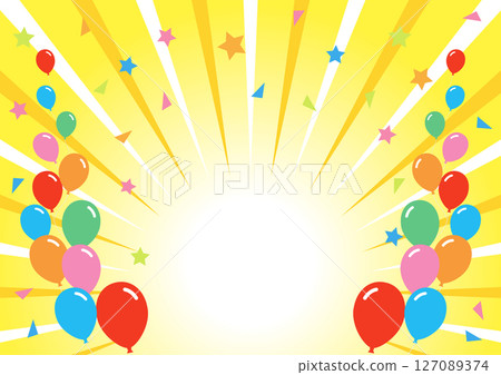 Sunburst background with colorful balloons and confetti Sunburst background with colorful balloons and confetti 127089374