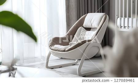 A white and brown chair is sitting in a room with a window 127089461