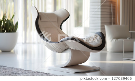 A white and black chair is in a room with a white wall 127089466